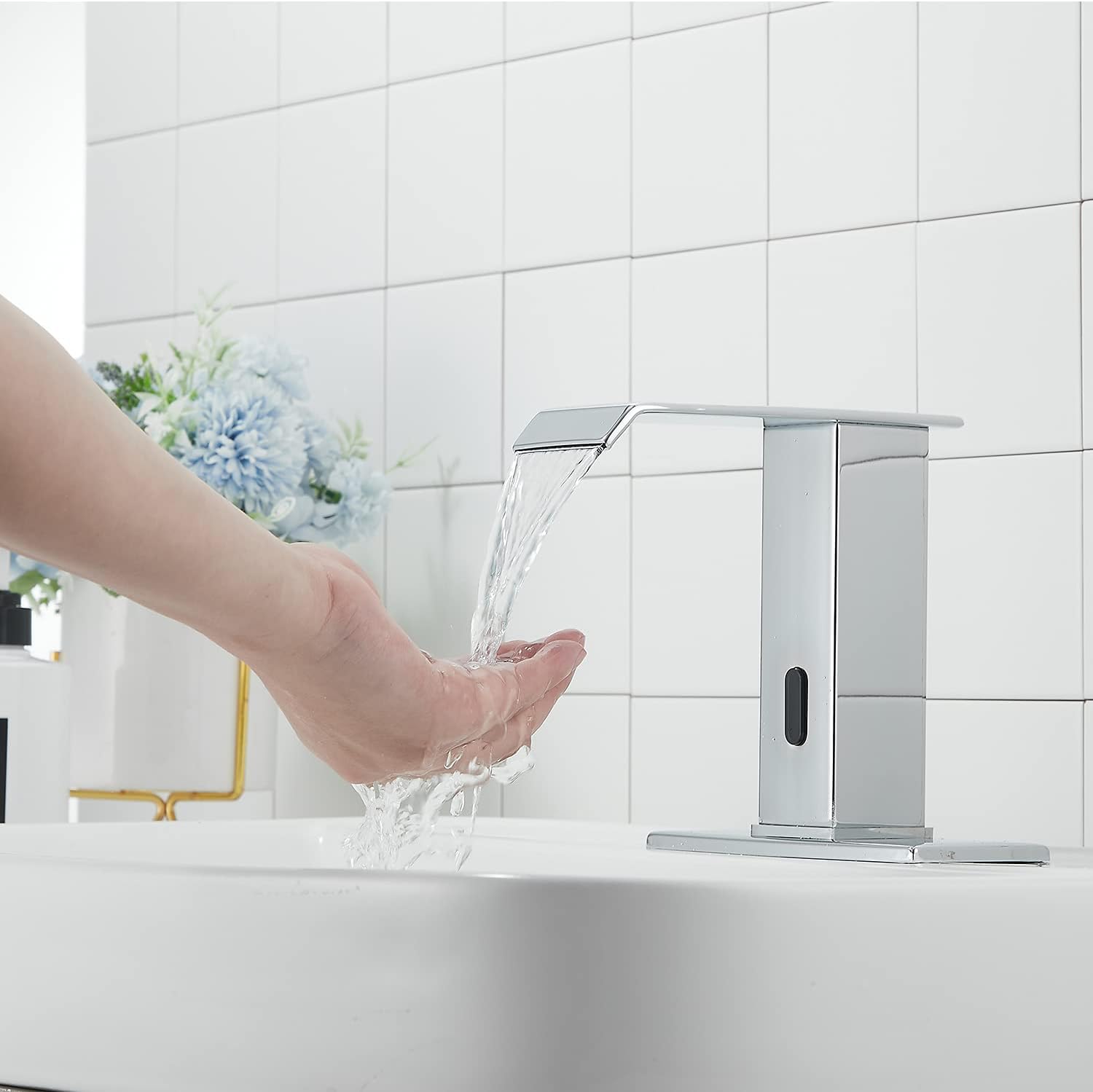 Automatic Sensor Chrome Touchless Bathroom Sink Faucet with Hole Cover Plate Vanity Faucets Hands Free Waterfall Bathroom Water Tap with Control Box and Temperature Mixer by GGStudy: Home Improvement