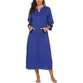 Ekouaer Women Zipper Robe 3/4 Sleeves Loungewear Dress Full Length Sleepwear Pockets Housecoat Nightgown Long Bathrobe