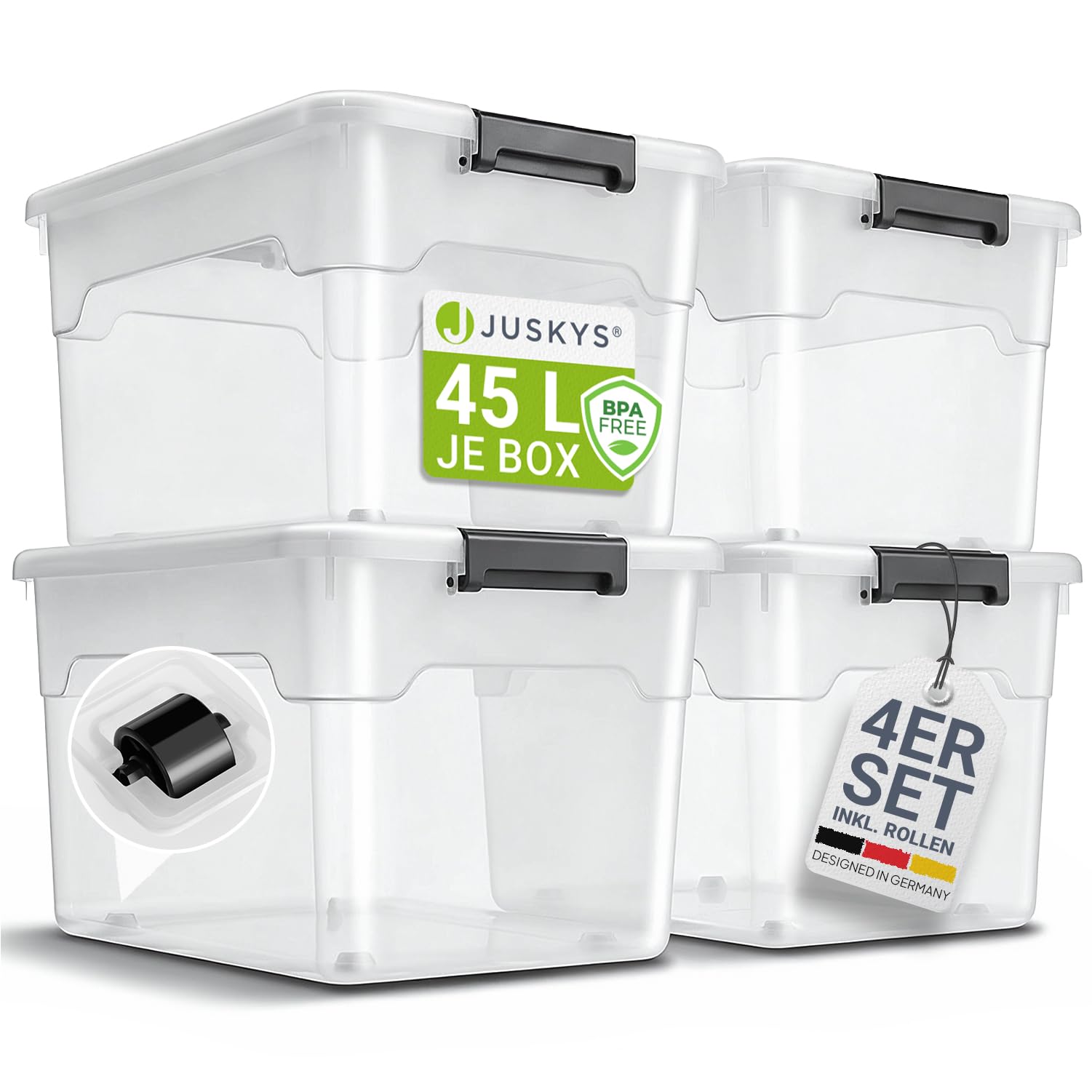 Juskys Aufbewahrungsbox mit Deckel - 4er Set Kunststoff Boxen 45l - Box groß, stapelbar, transparent - Aufbewahrung Ordnungssystem Aufbewahrungsboxen