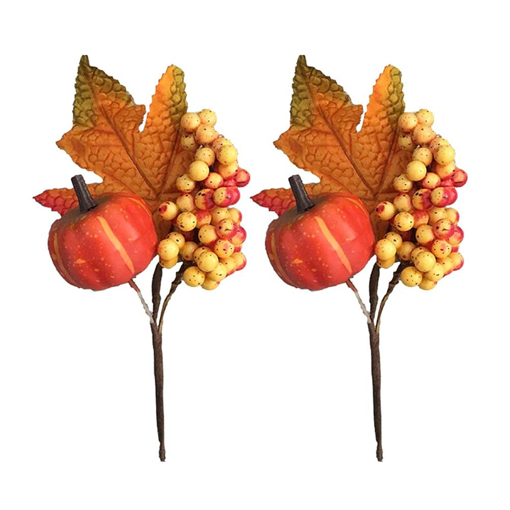 VALICLUD Artificial Pumpkin Decoration with Branches and Autumn Picks 7 Inch Fall Pumpkin Decor for Indoor Harvest Festival Ornament Set of 2