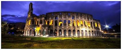 Wallario Glasbild Italien bei Nacht - Kollosseum in Rom, beleuchtet am Abend - 50 x 125 cm in Premium-Qualität: Brillante Far
