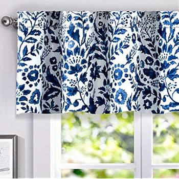 DriftAway Julia Watercolor Blooming Flower Floral Lined Thermal Insulated Window Curtain Valance Rod Pocket 52 Inch by 18 Inch Plus 2 Inch Header Navy 1 Pack