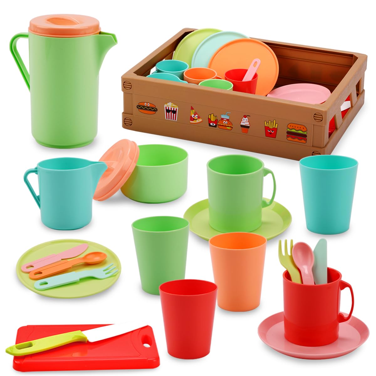 37PCS Kids Kitchen Set, Pretend Play Tea Party Set with Storage Basket, Colourful Cooking Accessories Toy Gift for Boys & Girls Age 3+