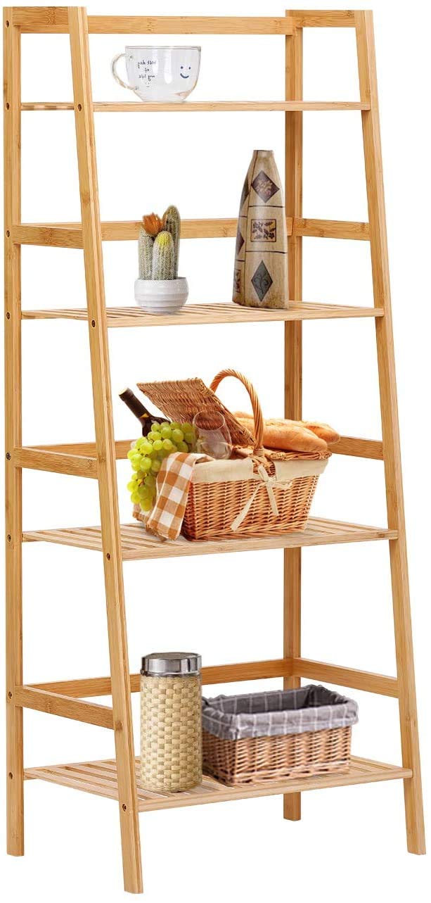 Greenvelly Bamboo Ladder Shelf 4-Tier Ladder Plant Stand Indoor, Multifunctional Storage Rack for Living Room, Bathroom, Kitchen, Bedroom, Home, Balcony (Natural Wood Color)