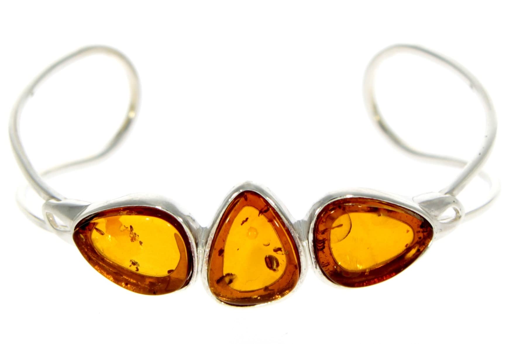 Classic 925 Sterling Silver Solid Bangle Bracelet set with 3 Cognac Baltic Amber Gemstone - GL526