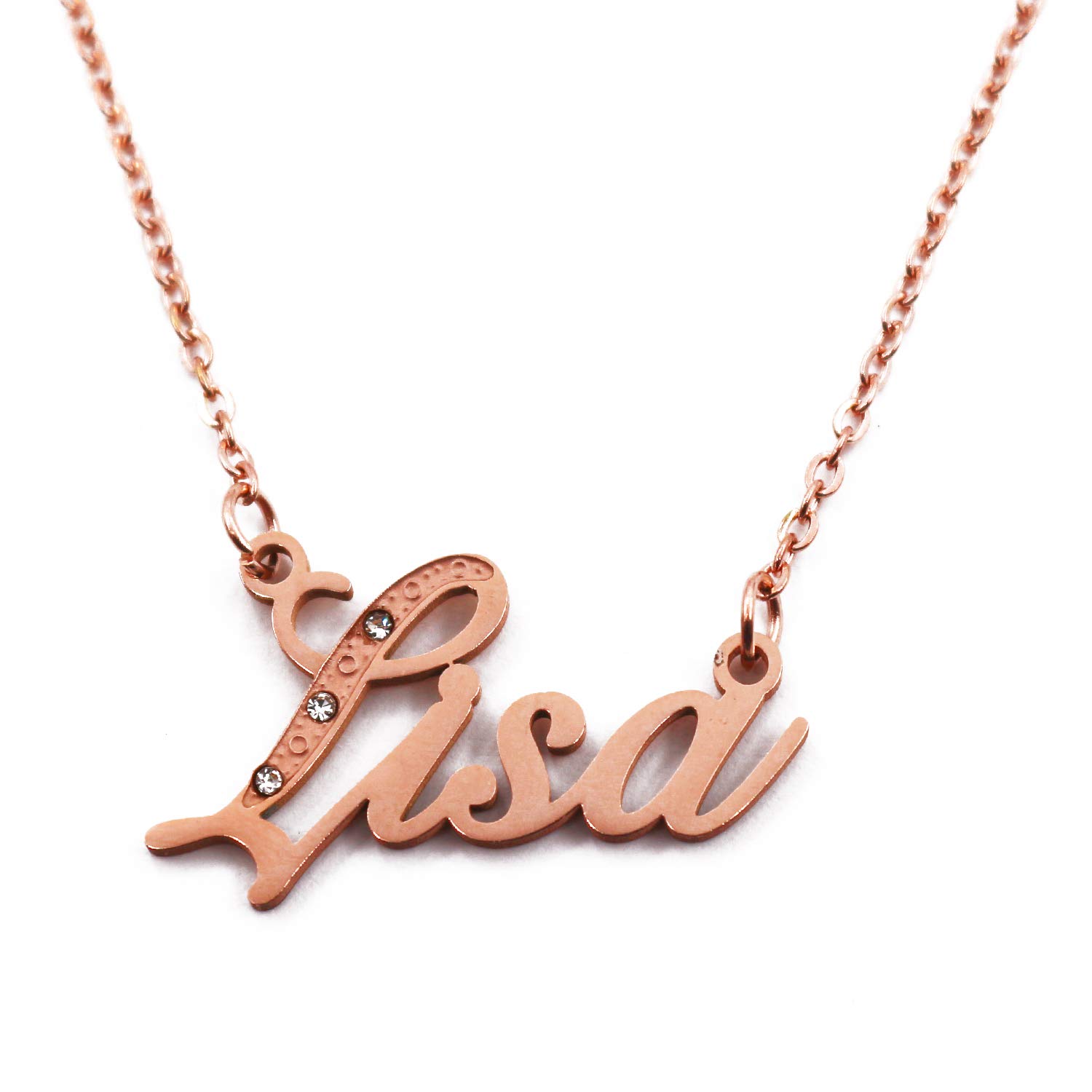 Kigu Lisa Italic Personalised Name Necklace With Cubic Zirconia Rose Gold Plated , Custom Dainty Name Pendants, Jewellery for Ladies, Girlfriend, Mother, Sister, Friends