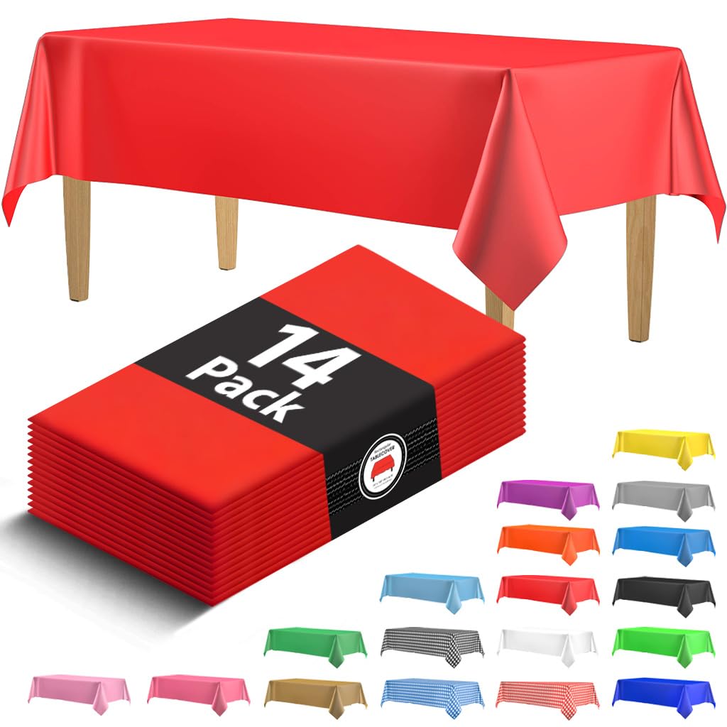 Photo 1 of 14 Pack Premium Red Plastic Tablecloth - 54 x 108 in. Disposable Rectangle Plastic Table Cloth - Decorative Rectangle Table Cover Smooth Tablecloth - Disposable Table Cloths For Parties, Weddings