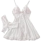 Foxiny Sexy Open Front Ruffle Sheer Mesh Lace Wireless Babydoll Lingerie Dress with Thong 2 Piece