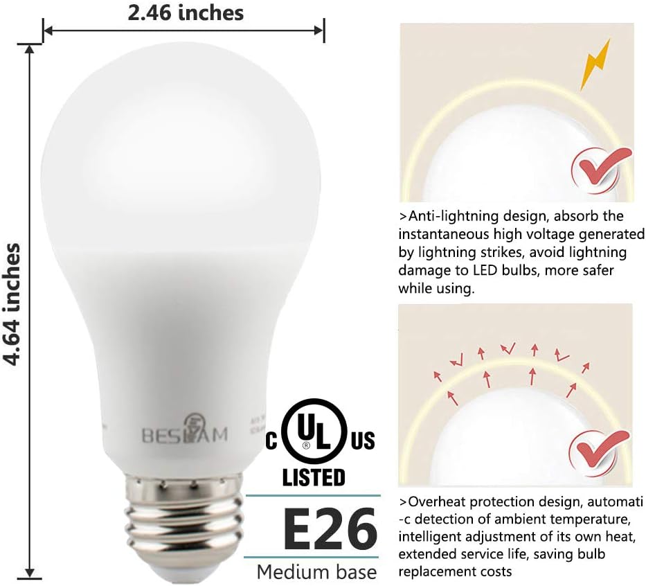 Beslam Led Bulbs 60 Watt Equivalent A19 Dimmable Light Bulbs Long Lasting 10watt 4 Pack E26 Medium Screw Base Cri 80 810 Lumens 5000k Cool White Bright White Ul Listed Energy Star Led Bulbs bruva security
