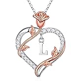 Iefil Rose Heart Necklaces Gifts for Women - 925 Sterling Silver Heart Initial Necklace, Anniversary Birthday Gifts for Women, Jewelry Gift for Wife Girlfriend Mom Daughter