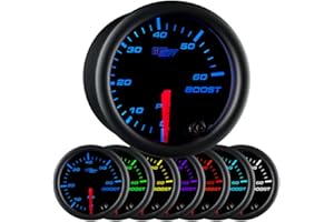 GlowShift Black 7 Color 60 PSI Turbo Boost Gauge Kit - Includes Mechanical Hose, 1/8-27 NPT Fittings & Wiring - Multi-Color D