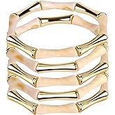 Mikovivi 5pcs Gold Tube Bangle Bracelets, Acrylic Curved Tube Bangles Stackable Stretchy Beaded Bracelets Chunky Beads Summer Beach Jewelry for Women