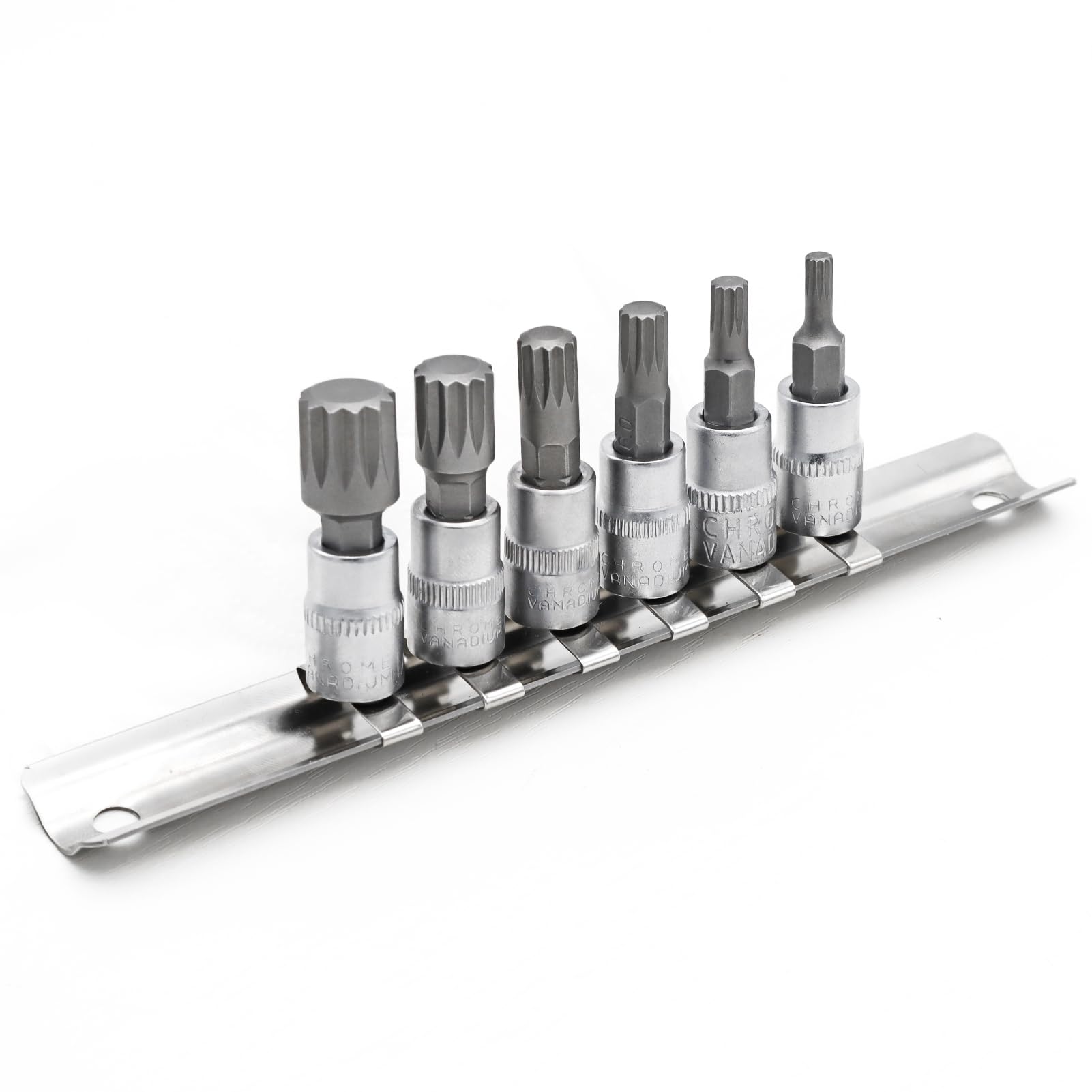 DAKCOS 6pcs Spline Socket Set, M4-M12 for 1/4" Drive, XZN Triple Square Spline Bit Set, S2 Alloy Steel Bit and CR-V Drive Socket
