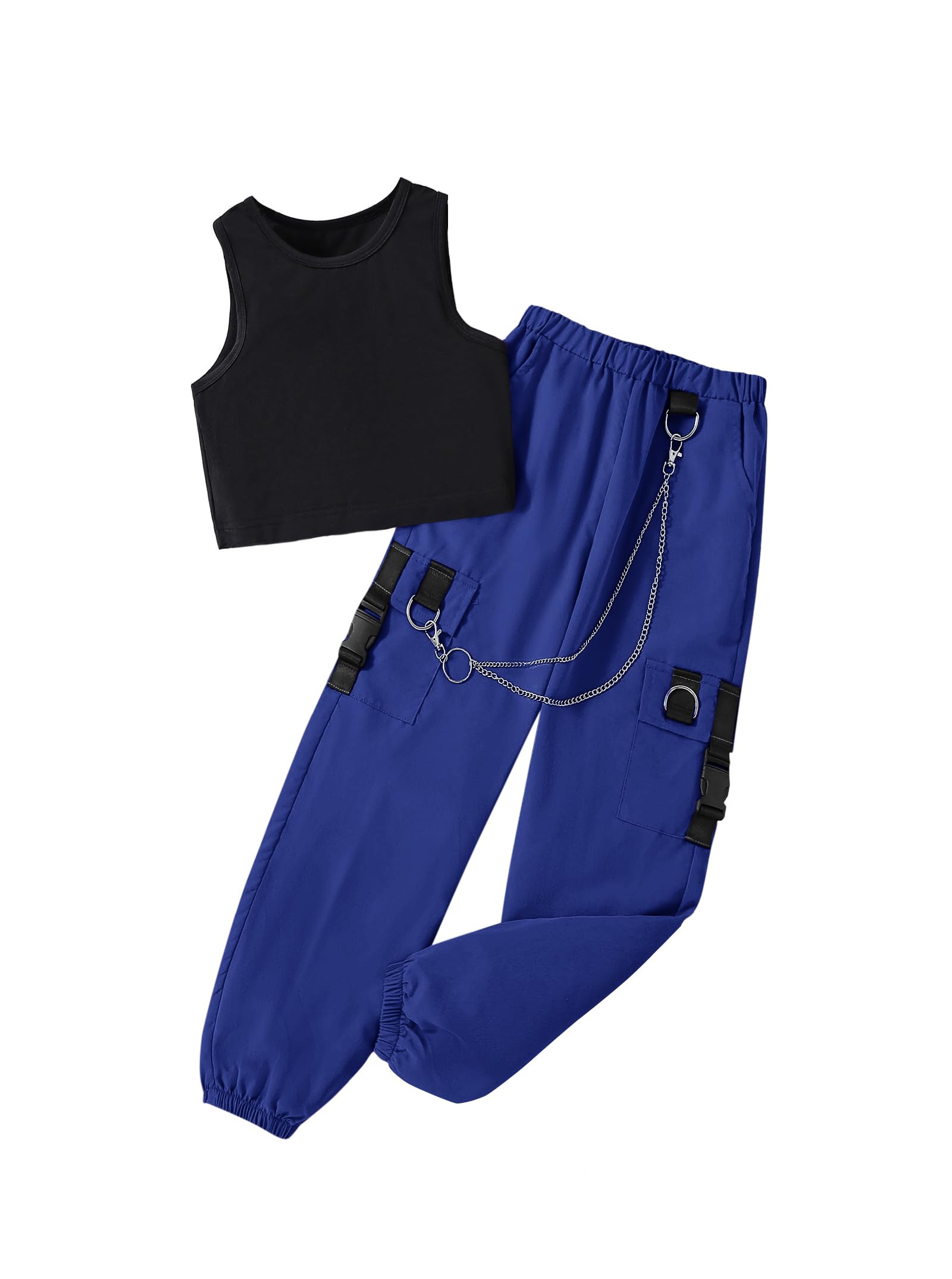 Photo 1 of Hilinker Girl's Summer 2 Piece Outfits Sleeveless Crop Tank Top and Cargo Pants Set Black Blue 7-8 Year