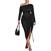 Floerns Women's Plus Size Off The Shoulder Sexy Bodycon Midi Dress Drawstring Slit Hem Long Sleeve Elegant Party Dresses