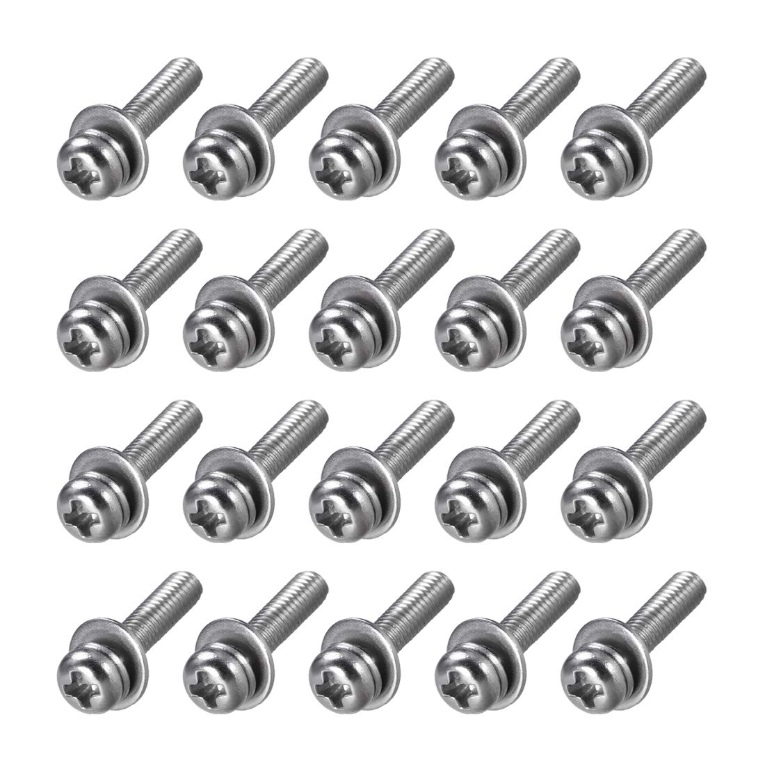 sourcing map M2.5 x 12mm Stainless Steel Phillips Pan Head Machine Screws Bolts Combine with Spring Washer and Plain Washers 20pcs