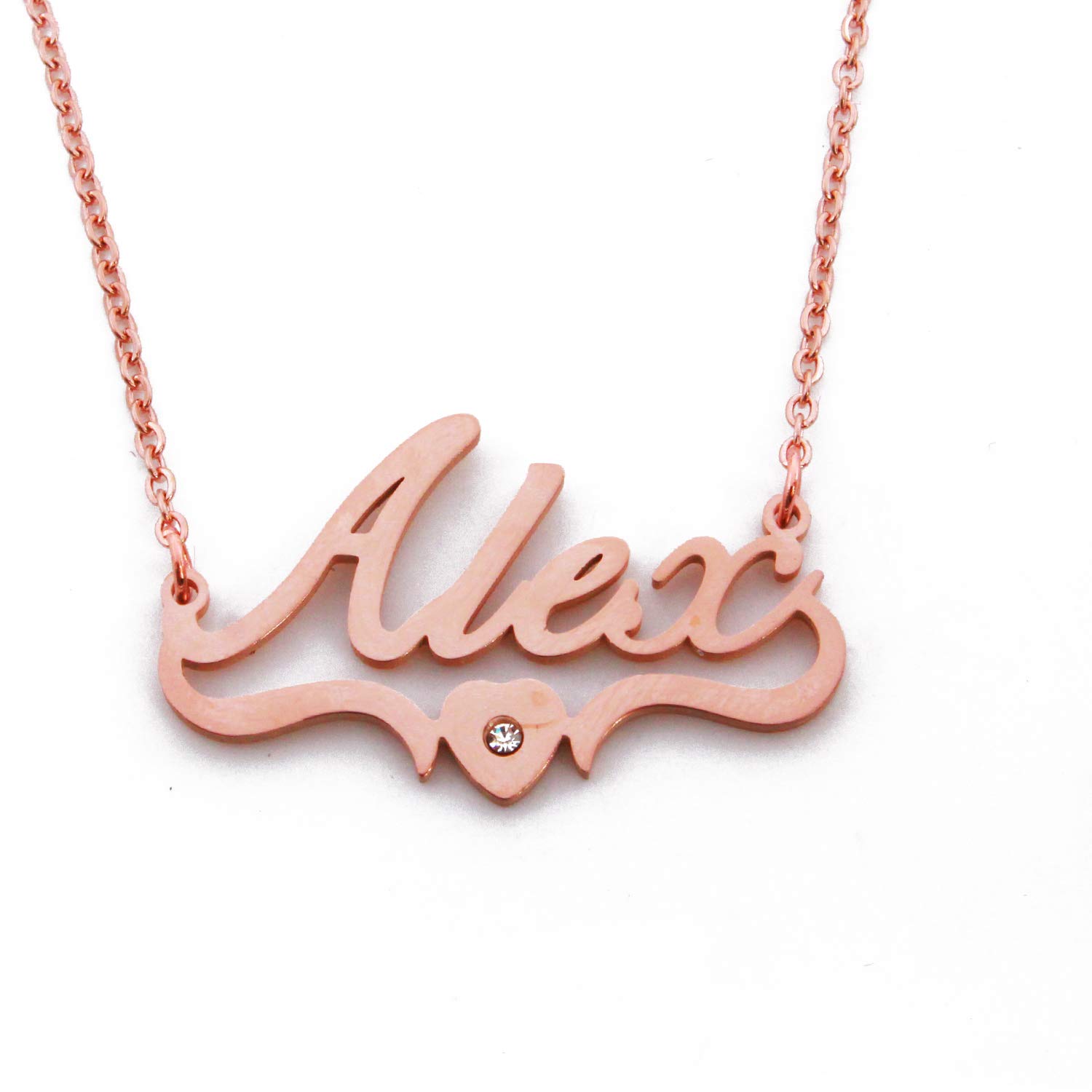 Kigu Alex Name Necklace Heart Shaped Personalised Rose Gold Plated, Custom Dainty Name Pendants, Jewellery for Ladies, Girlfriend, Mother, Sister, Friends Inc Bag & Box