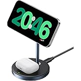 UGREEN MagFlow 2-in-1 Magnetic Wireless Charging Stand Fast Wireless Charger for iPhone 17 16 15 14 13 12 Series and AirPods, MagSafe Compatible Qi Charging Stand with 3 FT USB-C Cable (No AC Adapter)