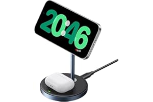 UGREEN MagFlow 2-in-1 Magnetic Wireless Charging Stand Fast Wireless Charger for iPhone 17 16 15 14 13 12 Series and AirPods, MagSafe Compatible Qi Charging Stand with 3 FT USB-C Cable (No AC Adapter)