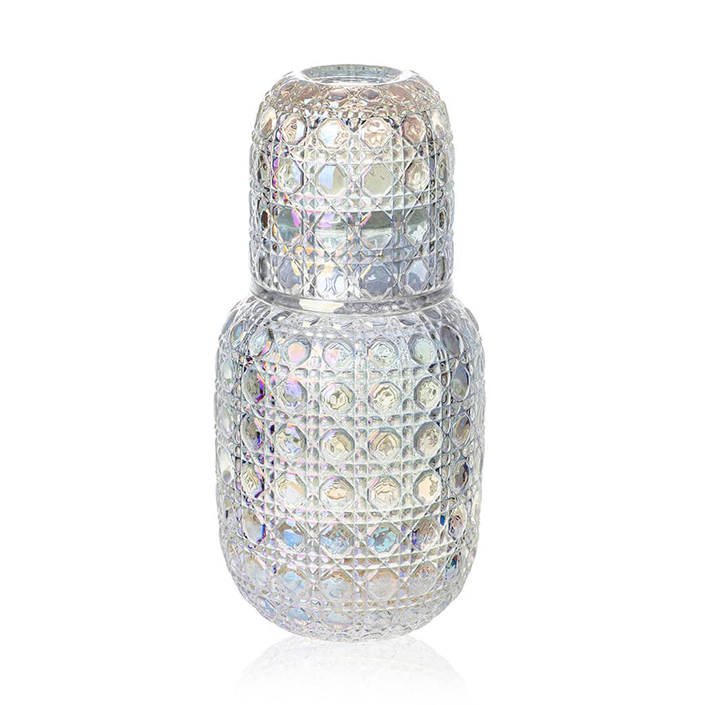 Vintage Water Carafe and Glass Set for Nightstand - Bedside Thicked Glass Decanter With Cup for Bedroom, Guestroom, Bathroom, Kitchen - 14.8oz/440ml (Iridescent)