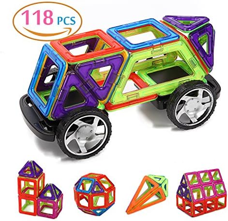 Kaotoer 118 PCS Magnetic Blocks Set Kids Magnetic Toys Construction Building Tiles Blocks with Wheels for Creativity Educational