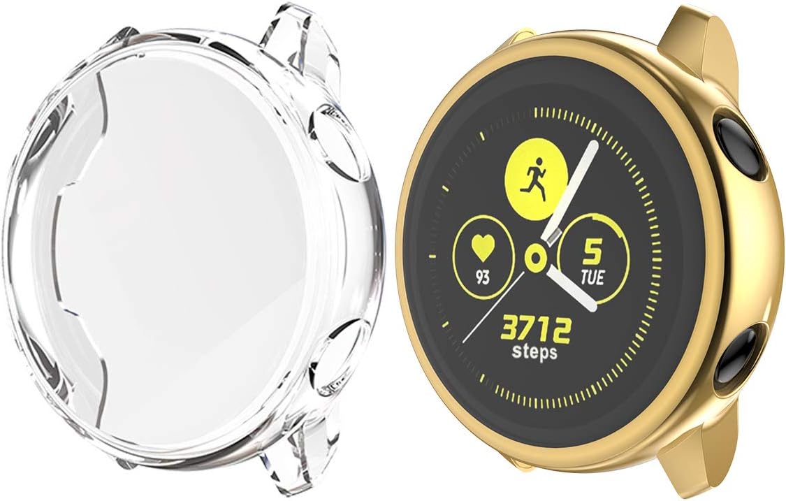 iHYQ Compatible Samsung Galaxy Watch Active Screen Protector Case, 2 Pack Soft TPU Full Coverage All-Around Scractch-Resist Protective Cover for Galaxy Watch Active 40mm Smartwatch (Clear+Gold)