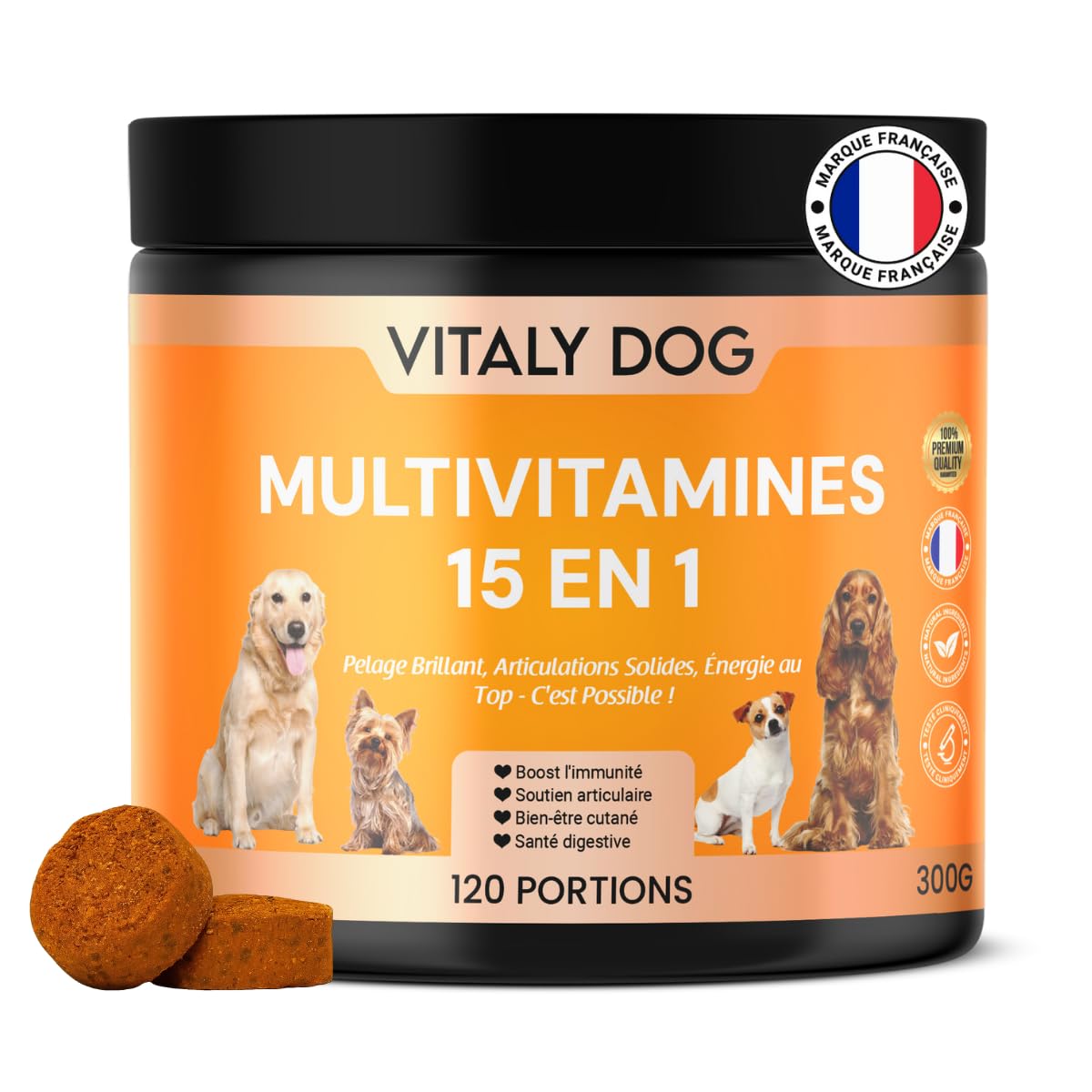 Multivitamines pour Chien | 120 Bouchées Premium | 15 Actifs Uniques (Vitamines, Glucosamine, Probiotiques) | Formule Vétérinaire Exclusive | Vitalité, Articulations & Digestion | Marque Française