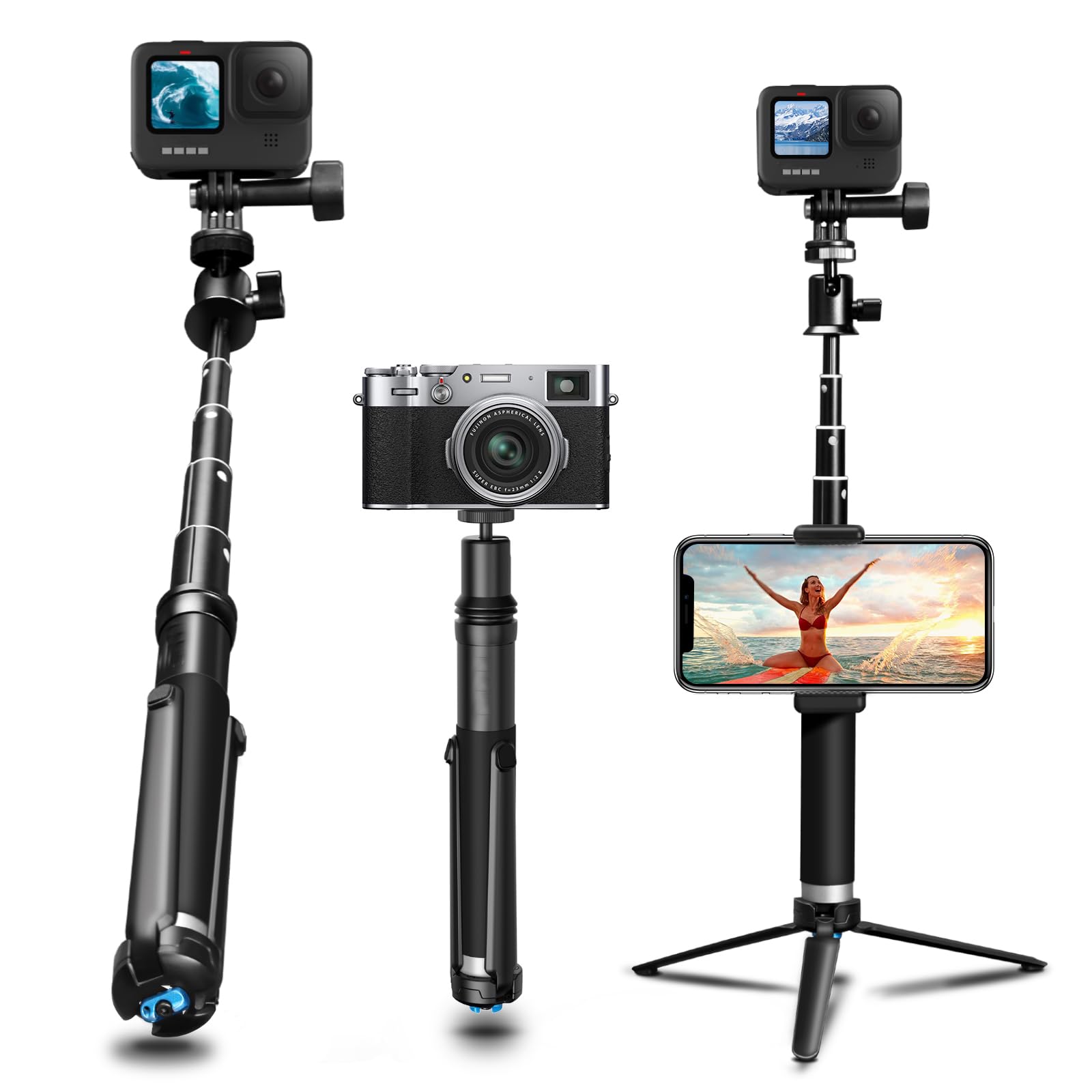Upgraded Selfie Stick for Go Pro with Aluminum Alloy Tripod, Grip Pole with Phone Clip