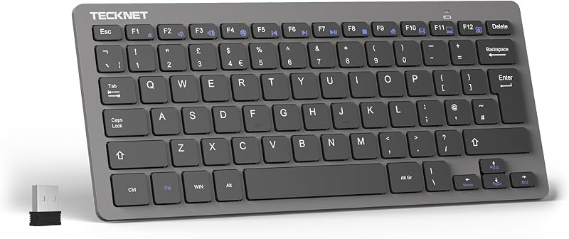 TECKNET 2.4G Wireless Keyboard Grey Ultra Slim 14 Shortcuts 12 Month Battery