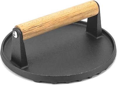 QWORK Burger Press Cast Iron with Wooden Handle 17.5cm