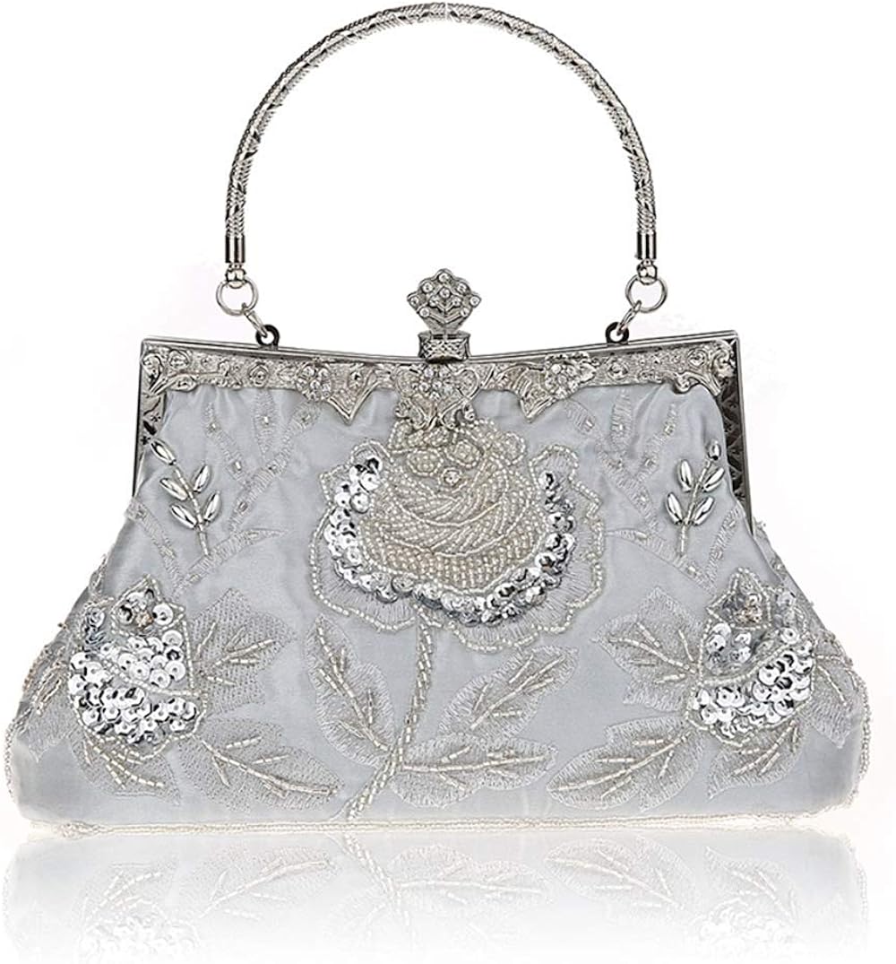 MMYOMI Vintage Floral Beaded Rhinestone Embroidery Clutch Sequin Wedding Party Prom Bag Bridal Ladies Crossbody Evening Handbag (Silver)