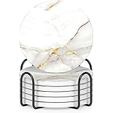 Nipichsha Coasters for Drinks, Set of 6 Cute Absorbent Ceramic Drink Coasters for Cup with Holder and Cork Base, Kitchen Home Decor Housewarming Gift, Round 4 in, Gold White