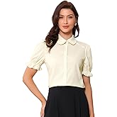 Allegra K Peter Pan Collar Shirt for Women 2026 Vintage Puff Short Sleeve Button Down Blouse Tops