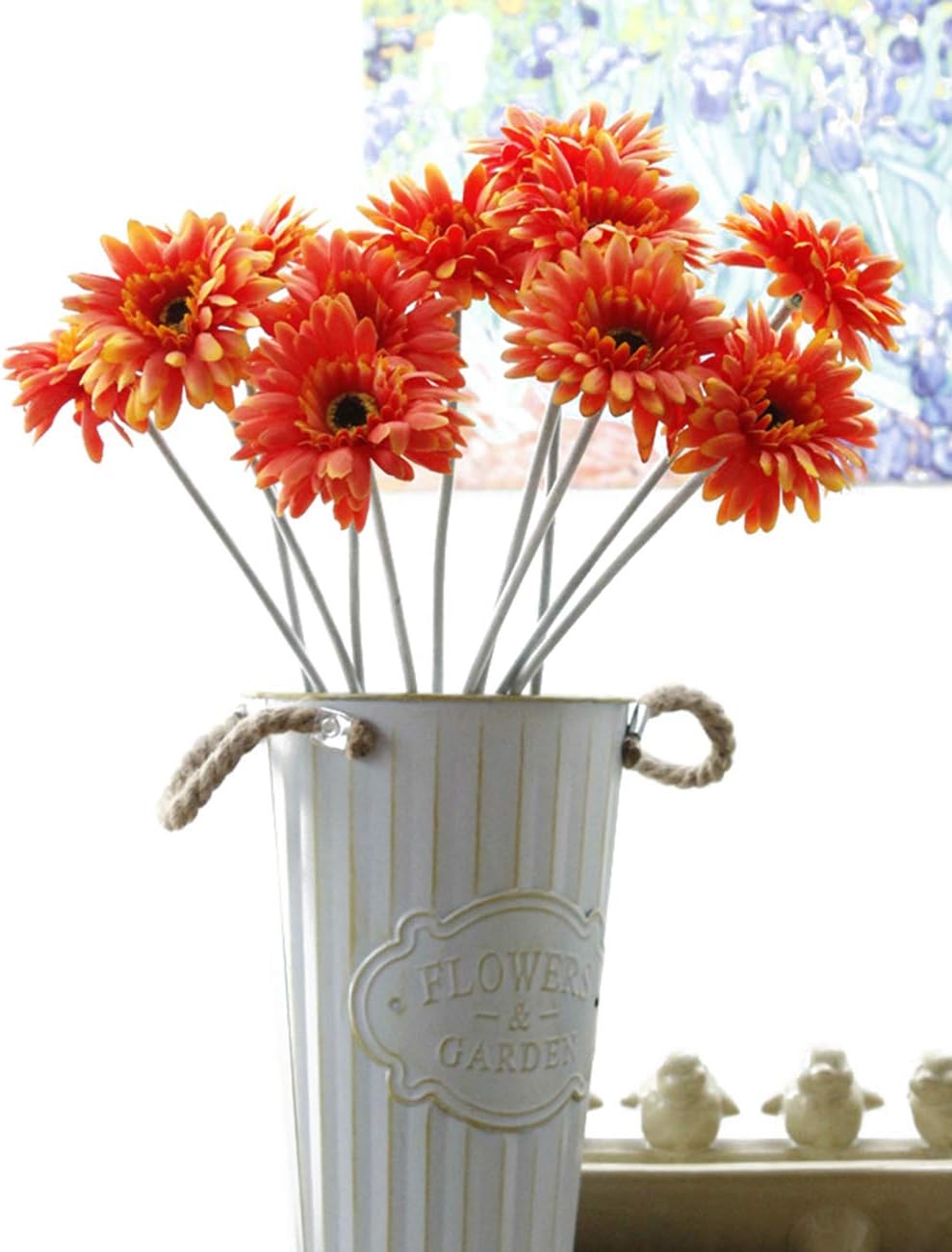 Charmly10 Pcs Artificial Gerbera Fake Daisy Flowers Flocking Stem Chrysanthemum Flower Home Wedding Party Decor 20" High Orange