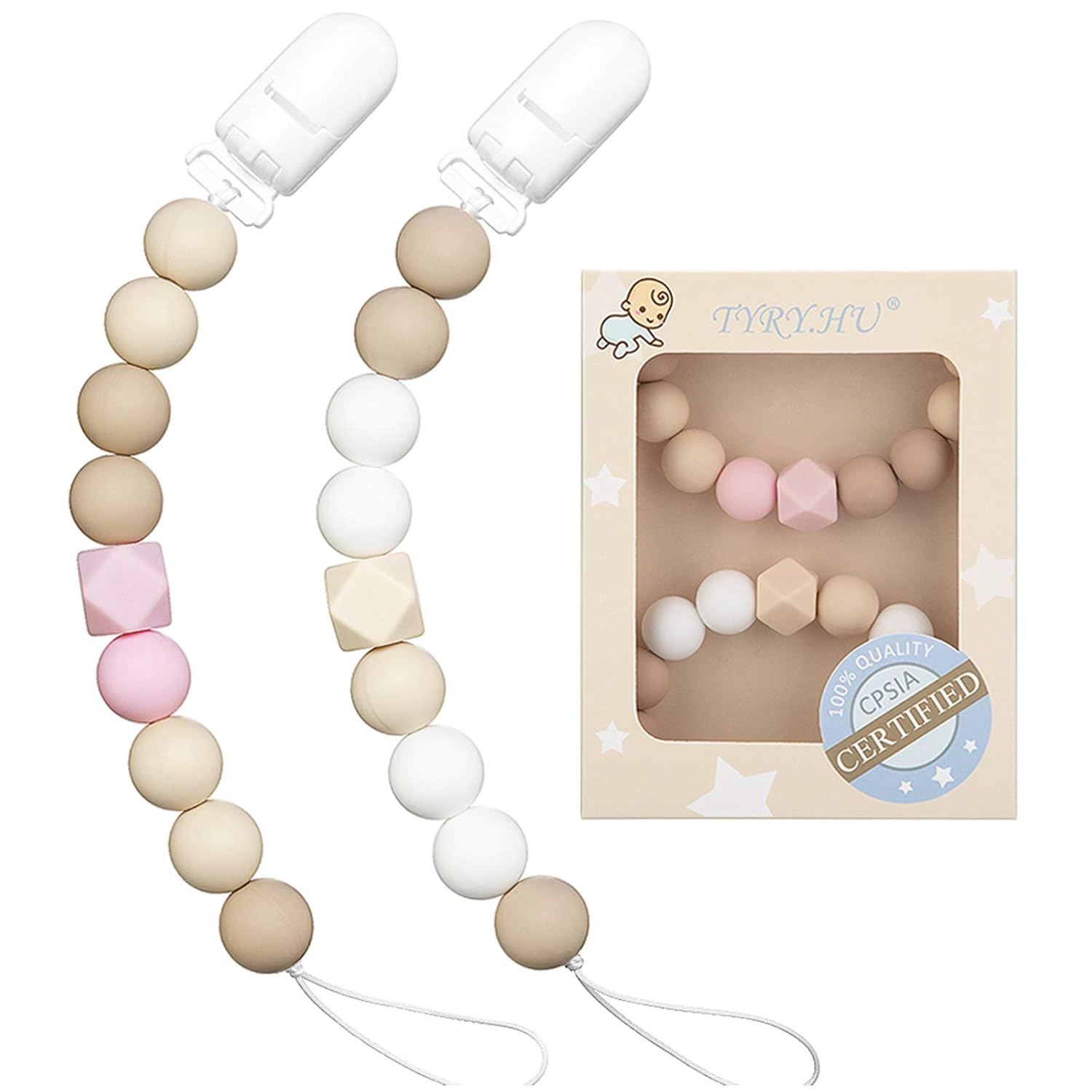 Pacifier Clip Baby Boys Silicone Paci Clip Teething Relief Teether Toy Soothie Binky Holder Chewbeads Birthday Christmas Shower Gift Set of 2 (Beige, Grey) : Baby