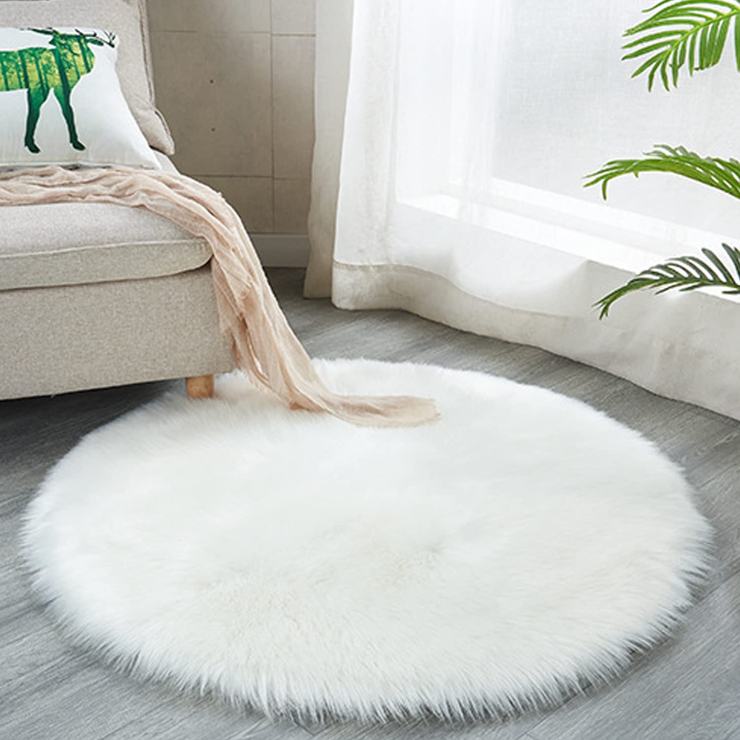 Round Faux Fur Sheepskin Rugs, Soft Shaggy Area Rug Home Decorative Bedroom Fluffy Carpet Rug, Diameter 3 Feet, White