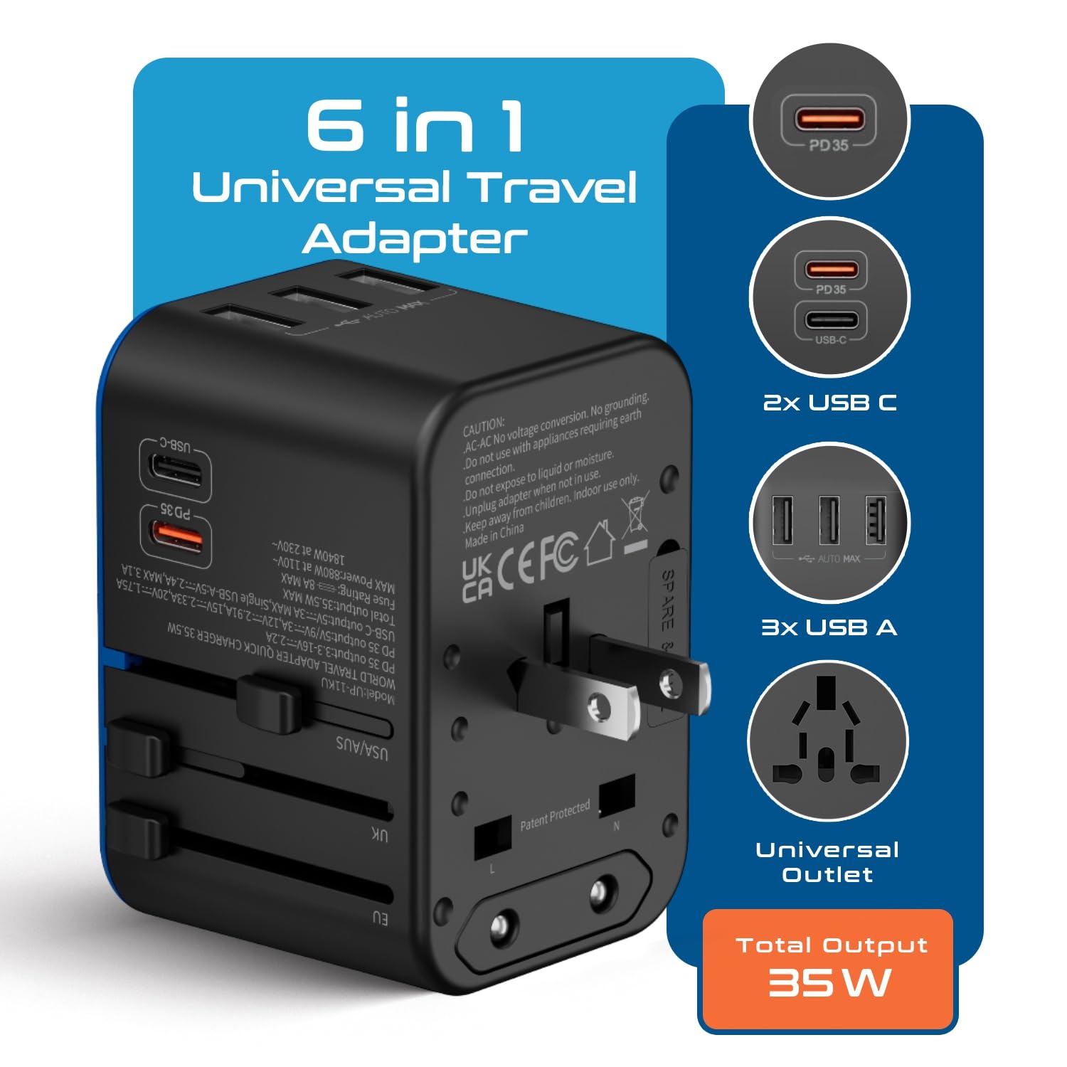 Ceptics Universal Travel Adapter, 35W International Power Adapter with PD & QC 3.0 Dual USB-C, 3 USB Travel Adapter Worldwide, Type I C G A Outlets 110V 220V A/C - EU Euro US UK (11-KU)