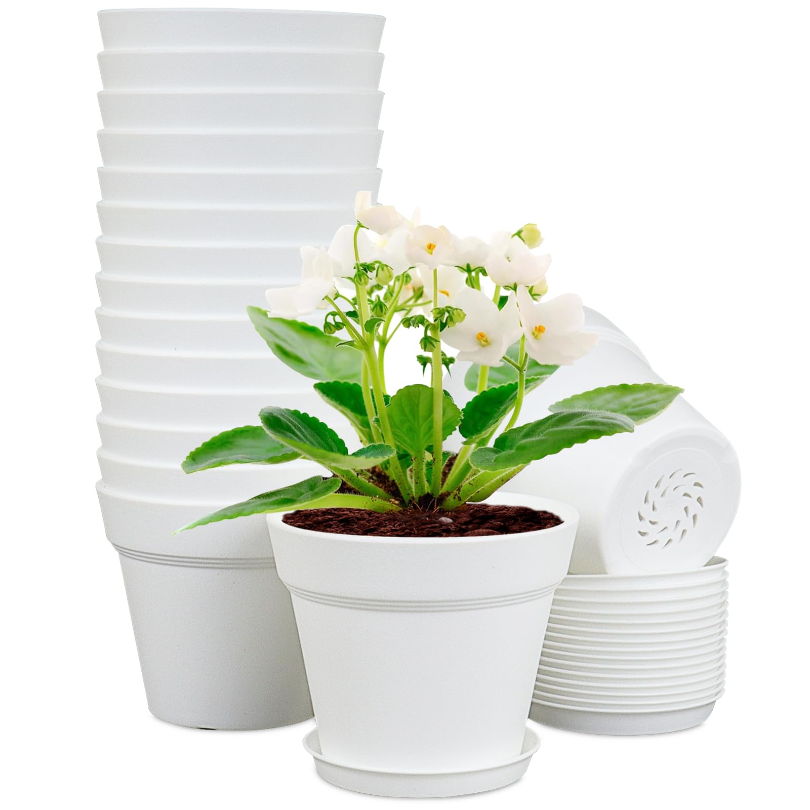 Photo 1 of Meowell 4 inch Small Plastic Nursery Pots, 16 Pack Plant Pots for Indoor Outdoor Plants, Flower Pots with Drainage Holes and Saucers, Decorative Seedling Starter Planters for House Plants, White
