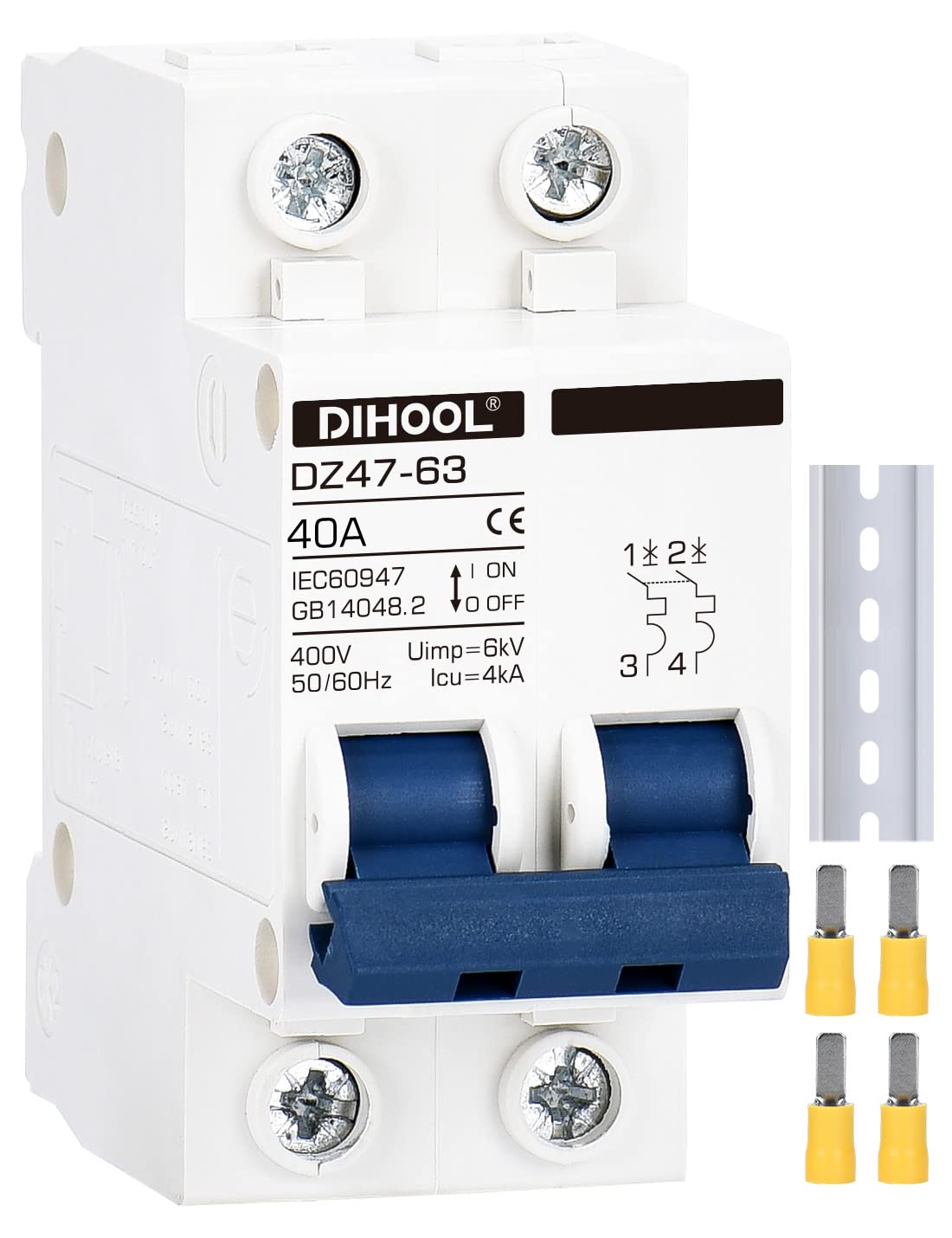 DIHOOL Miniature Circuit Breaker MCB, 2 Pole, 40Amp,230VAC,Type C