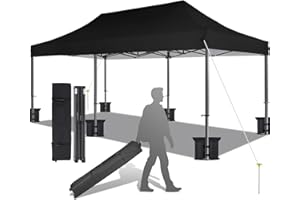 Eesdom 10x20 Canopy Tent with Roller Bag, Commercial Pop Up Canopy Tent, Adjustable Height with Pull Ring, Outdoor Canopy for Beach, Parties, UPF50+, 6 Stakes & 6 Sandbags & 6 Ropes, Black