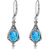 MOTIEL Vintage Opal Dangle Drop Earrings 925 Sterling Silver Round/Teardrop/Oval Cut Blue Opal Leverback Dangle Earrings with Genunine Diamond for Women