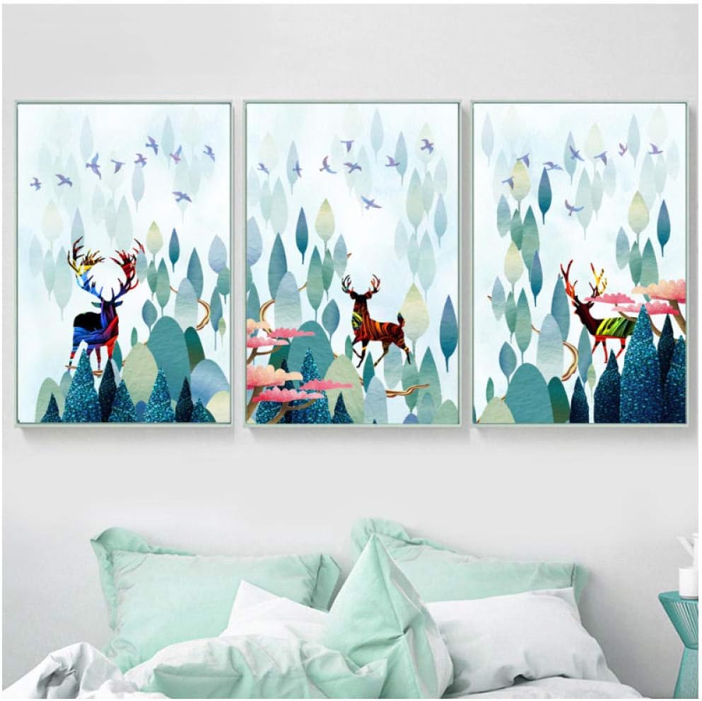 Watercolor Green Forest Deer Poster, 3 Panel Abstract Painting, Minimalist Wall Art, Home Decoration Painting -50x70cm no Frame