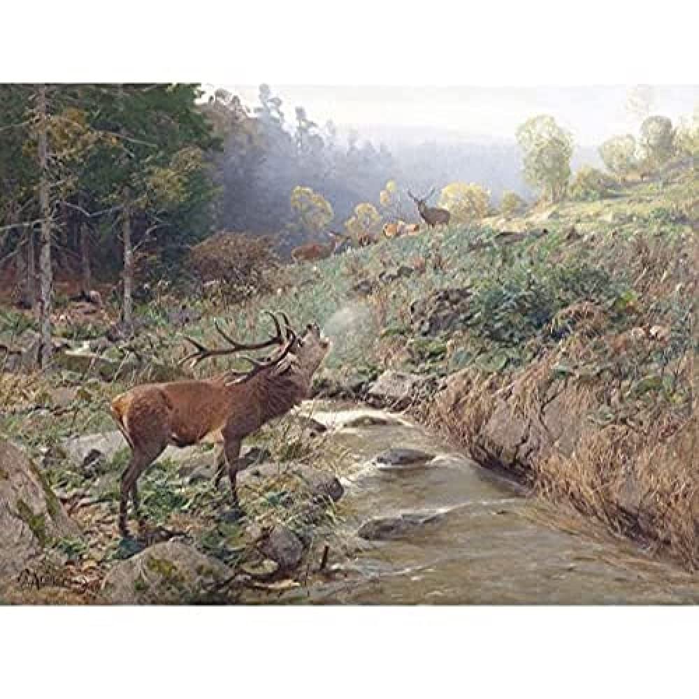Kroner Herd Red Deer Forest Glade Stag Painting Art Print Canvas Premium Wall Decor Poster Mural