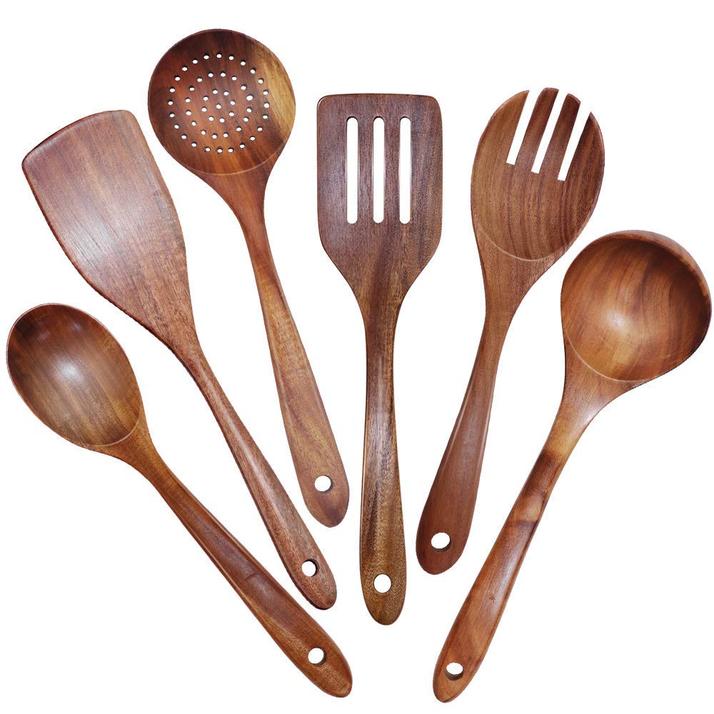 Tmand Wooden Utensils Set of 6, Large Kitchen Cooking Utensil for Non Stick Cookware, Natural Teak Wood Spoons Spatula Ladle Colander, Durable Seamless Kitchen Tools