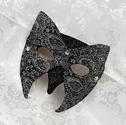 Handmade Black and Silver Brocade and Leather Masquerade Mask