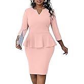 Runwind Plus Size Dresses for Curvy Women, Work Church Professional Office Vintage Peplum Pencil Dress V Neck 3/4 Sleeve