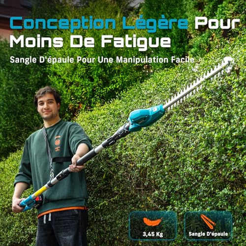 SEESII Electric Telescopic Hedge Trimmer 2.6 m, Electric Hedge Trimmer with 40 cm Double Action Blade, 2 x 4.0Ah Batteries, 135° Adjustable Swivel Head, for High Hedges and Dense Shrubs