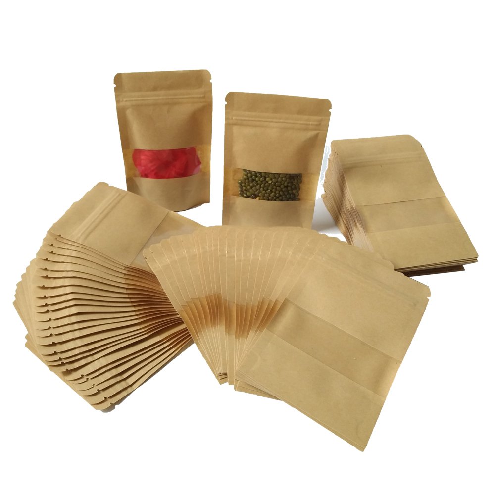100pcs Kraft Zip Lock Stand Up Bags Pouches with Window Waterproof Paper Bag can be used as Envelope Seed bag Gift bag Jewelry bag Candy box(9 * 14cm, 100pcs)
