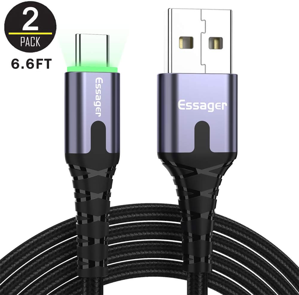 RIOTECH 6.6FT USB A 2.0 to USB-C Fast Charger Nylon Braided USB Type C Cable with LED Light for S10 S9 S8 Plus Note 9 and More (Black) - Pack of 2