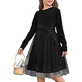 Yousify Girls Ribbed Tutu Dress Kids Long Sleeve Star Sequin Tulle Dress Birthday Party Dresses 5-14 Years
